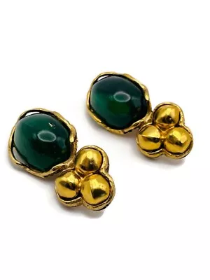 Vintage YSL Rive Gauche Emerald Green Resin Cabochon With Trefoil Accent 1980's • £156.78