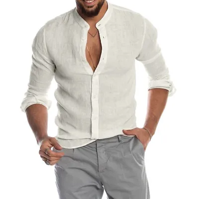 Men Casual Cotton Linen Shirt Long Sleeve Loose Blouse Button Down Shirts Tops □ • $13.57