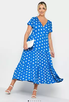 New Yours Curve Womens Plus Size 22-24 Blue Polka Dot Tiered Jersey Dress  • $7.57