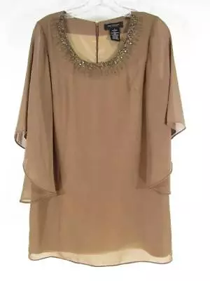 MM Couture Chiffon Tunic Top Small Brown Beaded Collar Dressy Occasion S Flowy • $19.99