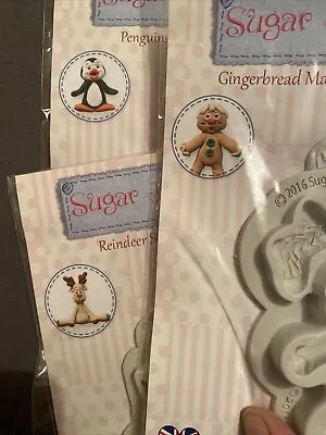 Katy Sue 3x Sugar Buttons Gingerbread Man Penguin And Reindeer Silicone Moulds • £13