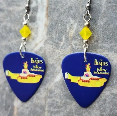 The Beatles Yellow Submarine Guitar Pick Earrings With Yellow Opal Swarovskis • $7