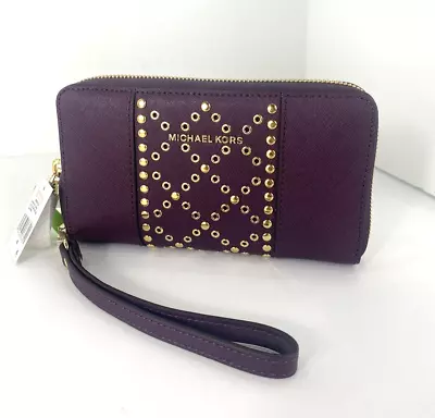 New Michael Kors Phone Wallet Purple Leather Gold Studs Zip Around Wristlet W11 • $99.89