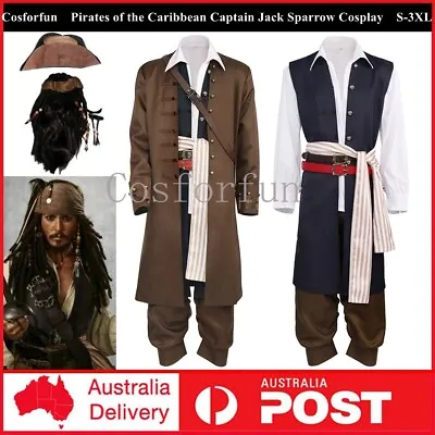 Pirates Of The Caribbean Captain Jack Sparrow Cosplay Costume Jacket Hat Wig • £104.22