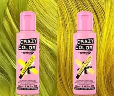 CRAZY COLOR Semi-Permanent Hair Colour 100ml Caution UV & Canary Yellow DUO • £12.99