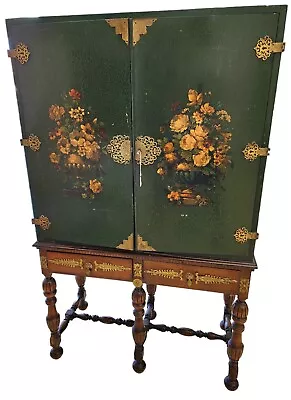 Antique Chinoiserie Jacobean Hand Painted Bookcase Or Bar Cabinet • $199.99