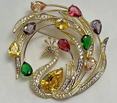 Vintage Peacock Birds Rhinestone Pin Brooch Flamingo Crystal Glass MultiColor • $17.99