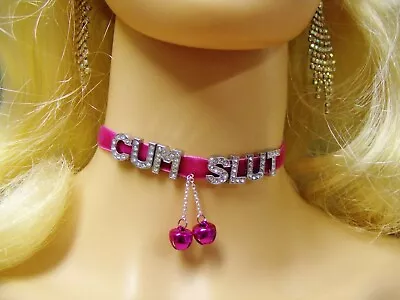 ANY SIZE Personalized Choker Collar Pink Velvet Sissy Bells DDLG Cum Slut • $25.95