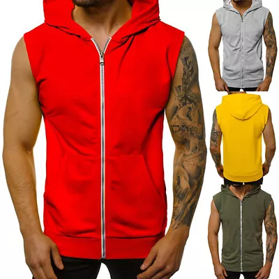 Mens Hoodie Sleeveless T Shirt Gym Fitness Workout Muscle Zipper Slim Tank Top〕 • $11.24