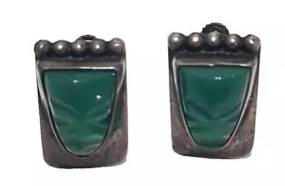 VTG Mexican JADE SS Earrings Aztec Face Carved Jade Sterling Silver Mexico Screw • $29.99