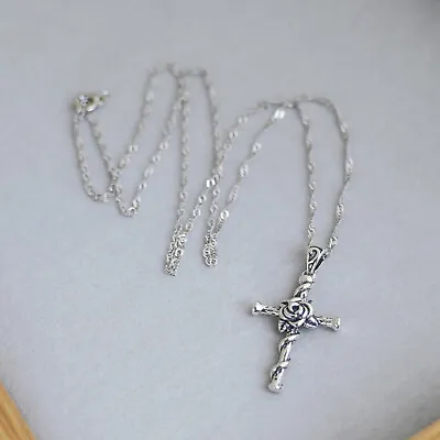 Sterling Silver Oxidized 3D Rose Thorn Cross Christian Pendant Necklace Boxed • $36.13