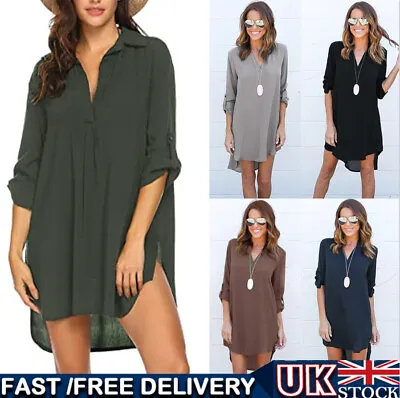 Women's V-Neck Long Sleeve T-Shirt Solid Casual Blouse Loose Tunic Mini Dress UK • £9.95