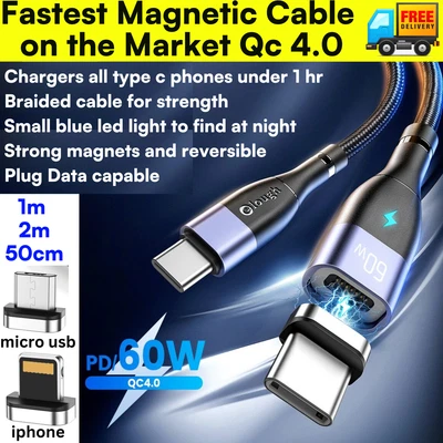 $5.95 • Buy ⚡️ QC 4.0 60W 5a  50cm 1m 2m MAGNETIC CHARGING CABLE IPHONE TYPE-C MICRO USB C