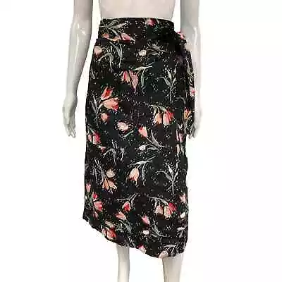 REBECCA TAYLOR Black Cotton Multi Floral Tulip Ikat Printed Wrap Midi Skirt 10 • $65