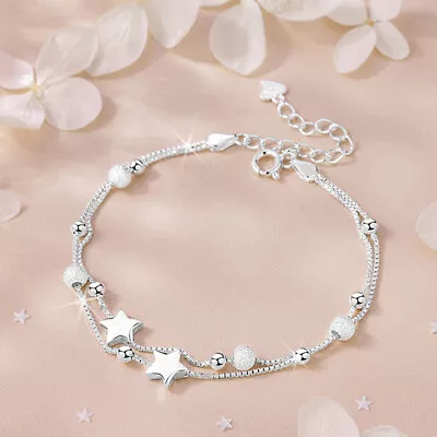 Beautiful Star Beads Charm Bracelet 925 Sterling Silver Women Girls Jewelry Gift • £4.99