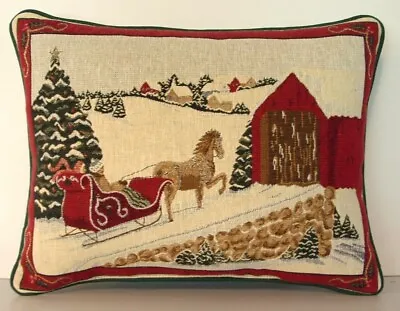 $17 • Buy Winter - Horse Drawn Sleigh Going Thru Snow Covered Bridge, Tapestry Pillow New