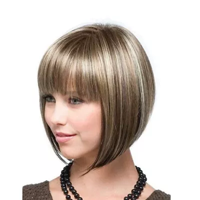 Women's Gold Blonde Mixed Brown Highlights Short Bob Straight Wig Synthetic Hair • $14.99