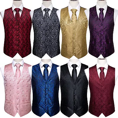 Mens Black Blue Red Paisley Dress Vest Neck Tie Hankie Set Suit Tuxedo Waistcoat • $15.99