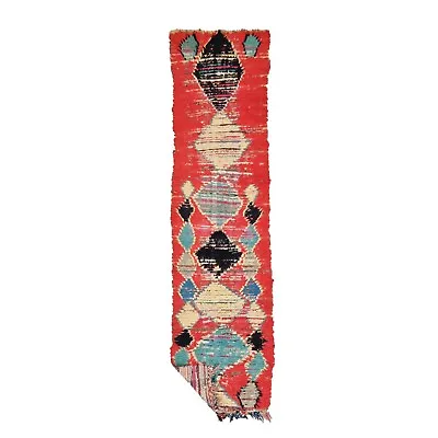 Moroccan Handmade Vintage Rug 2'4x9'6 Berber Geometric Red & Black Cotton Carpet • $291