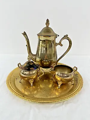 Vintage Gold Plated 4PCs Coffee Tea Set - Pot Creamer & Sugar & Platter • $30