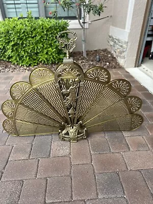 Vtg Brass Fireplace Screen Fan Folding Griffin Gargoyle And Angel • $150