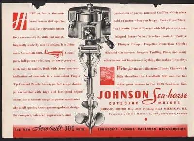 1935 Johnson Seahorse Outboard Boat Motor Nautical Aero 300 Twin Waukegan  22428 • $21.95