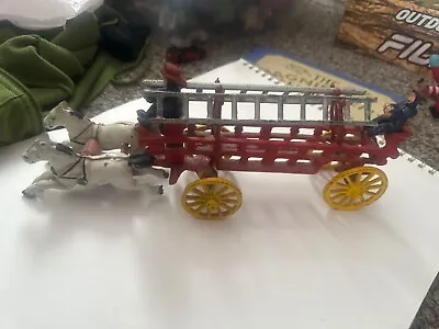 Vintage Cast Iron Hand-Painted Hook And Ladder Horse Drawn Fire Wagon Toy • $36