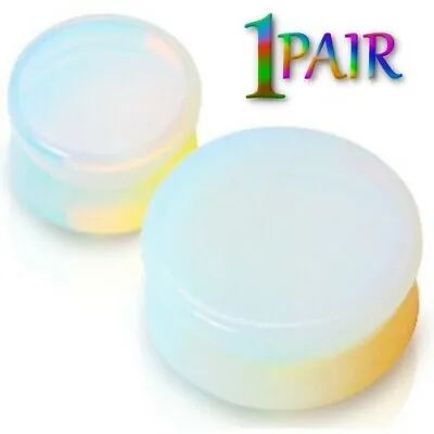 Pair 8g-25mm OPALITE STONE PLUGS Double Flare Gauges Organic Ear Moonstone 1234 • $7.50