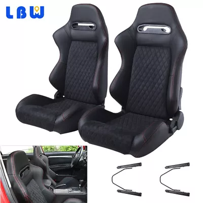 Car Reclinable Racing Seats Front Sport Seats Velvet Cushion Black + Red String • $396.22