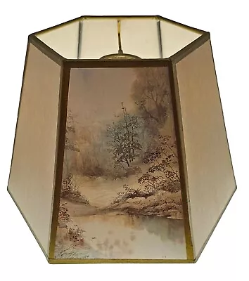 Vintage Lampshades Matched PAIR  Landscape Scenes Canvas/Paper Panels Hexagon • $68