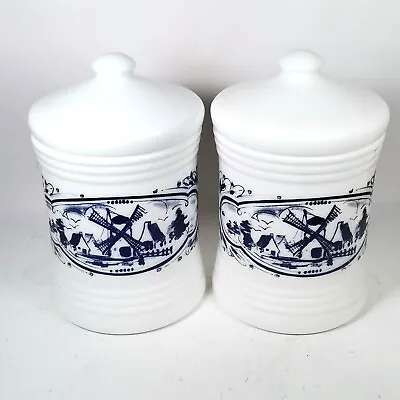 2 VINTAGE MILK GLASS BLUE WINDMILL CANISTER JAR WITH Rubber LID INSIDE NO: 3491 • £13.50