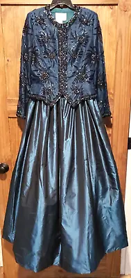Victoria Royal Dress Womens 10 Teal Blue Vintage Formal Silk Gown Beaded Jacket • $160