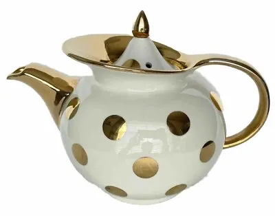 Vintage HALL Tea Pot Gold Polka Dot Off White ’40s Windshield Teapot 6 Cup USA • $19.99