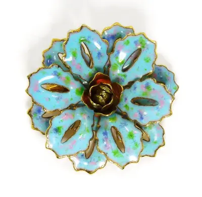 Vintage Brooch Hand Painted And Enameled Layered Sweet Romantic Baby Blue Flower • $31.50