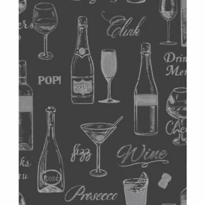 £1.49 • Buy Black Glitter Wallpaper - Wine O' Clock - Washable Vinyl - Kitchen  - 106633