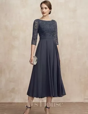 A-line Scoop Tea-Length Lace Chiffon Dress Mother Of Bride Navy Blue Size 8 NWT • $59