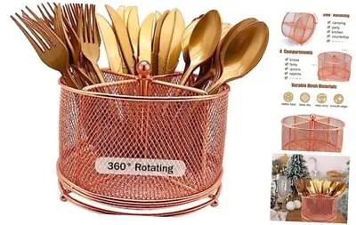 360 Rotating Metal Utensil Caddy - 4 Compartment Silverware Cutlery Rose Gold • $34.54