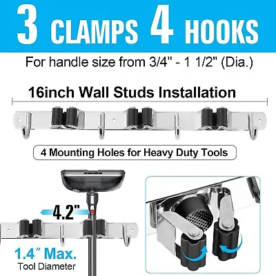 Mop And Broom Holder Wall Mount Heavy Duty Stainless Steel Garage Organizer • $16.60