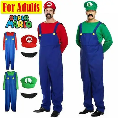 Halloween Men Super Mario Luigi Bros Plumber Brothers Costume Outfit Fancy Dress • £8.88