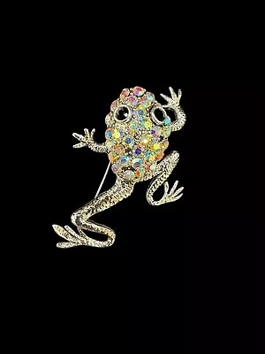 Vintage Aurora Borealis Rhinestone Climbing Tree Frog Gold Tone Brooch • $15