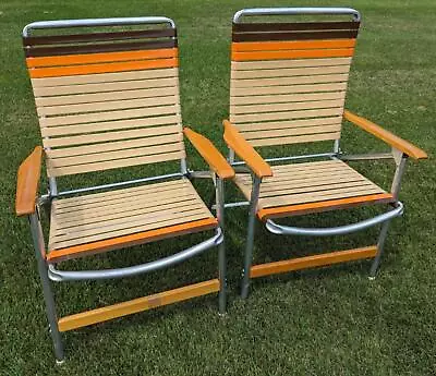 2 Sweet Retro Vtg MCM Telescope Folding Aluminum Lawn Chairs Vinyl Brown Orange • $249