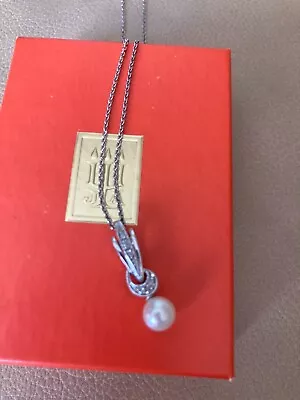 Cultured Pearl Necklace With Clear Stones 925 Sterling Silver - Vintage • $27.50