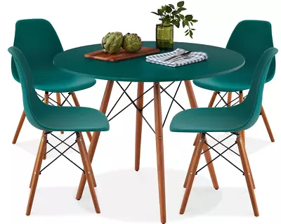 Dining Table Set Round 4 Chairs Breakfast Small Space Mid Century Modern Teal • $339.99