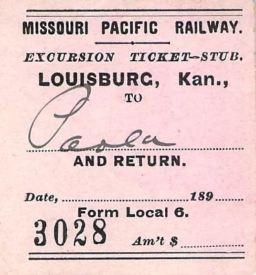 189x MISSOURI PACIFIC LOUISBURG TO PAOLA KANSAS RAILROAD RAILWAY RR RWY RY PASS • $8