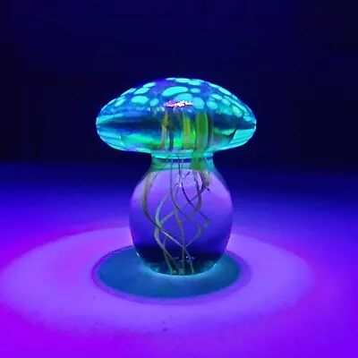 URANIUM VASELINE GLASS ART GLASS MUSHROOM Signed Aqua Cap - Retro Vintage Style • $48.95