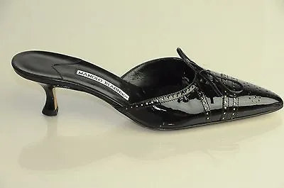 NEW MANOLO BLAHNIK Bow Black Patent Perforated Gold Dots SHOES Kitten Heels 36 • $325