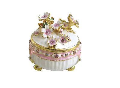 $18.99 • Buy Bejeweled Pink Flower Oval Round Box Hinged Metal Enameled Rhinestone Trinket