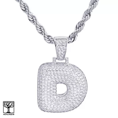 $20.99 • Buy Custom Bubble Letter D Initial Silver Plated Iced CZ Pendant 24  Chain Necklace 