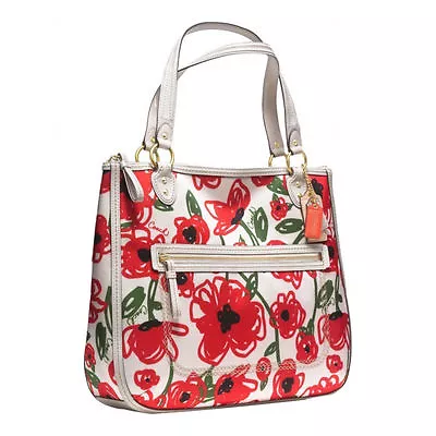 Coach Glam Zip Tote Bag Red Poppy White Green Floral Hallie Sateen Handbag L New • $207.10