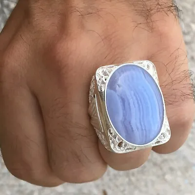 925 Sterling Silver Big Mens Ring Blue Lace Agate Natural Gems Statement Jewelry • $216.60